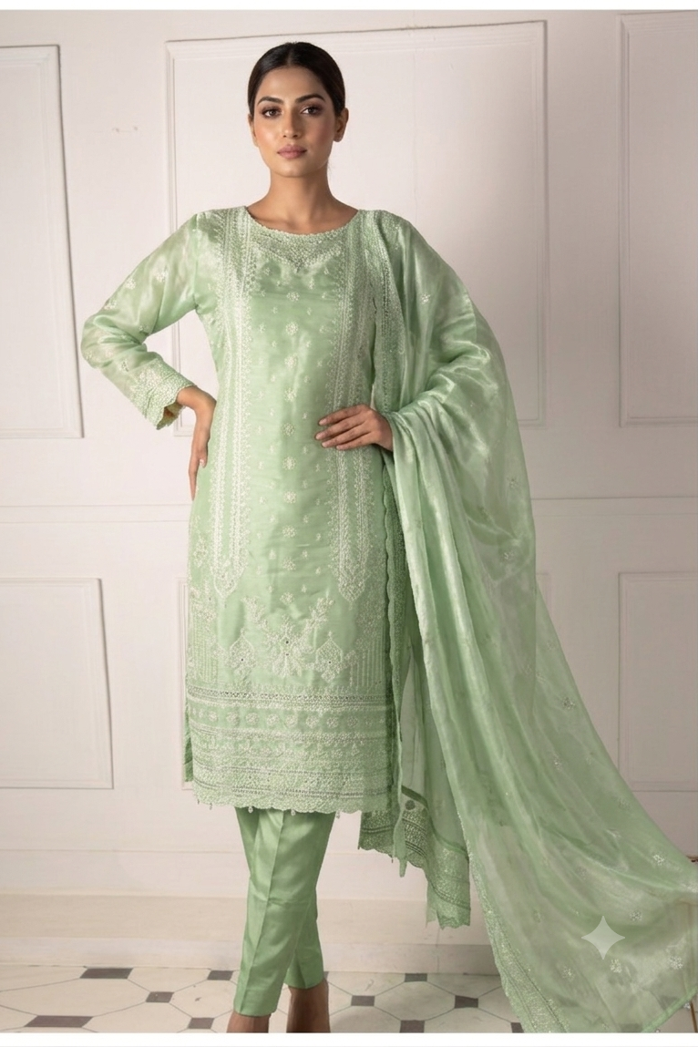 Shrenz Pistachio Sheesha Silk Formal Collection Replica
