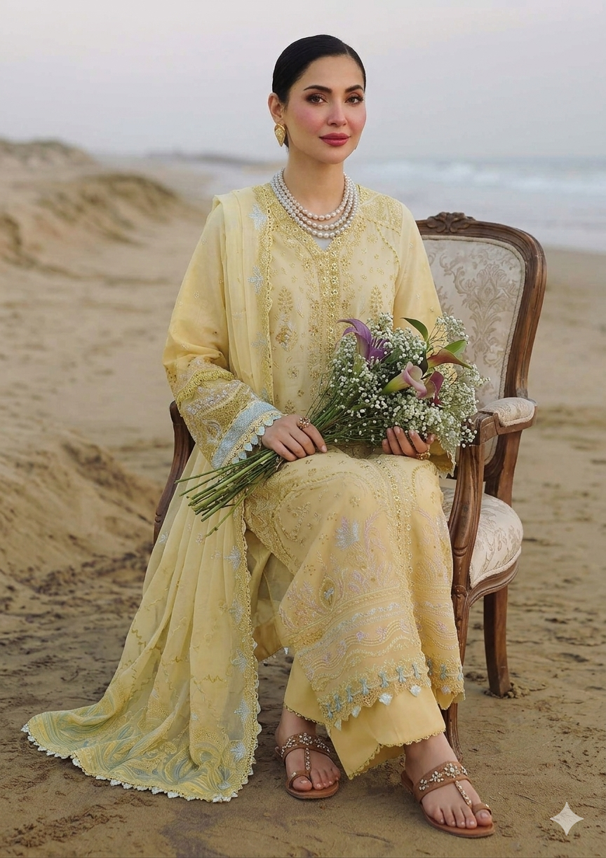 Alternative view of Qalamkar Lemon Yellow Luxury Lawn Collection Replica