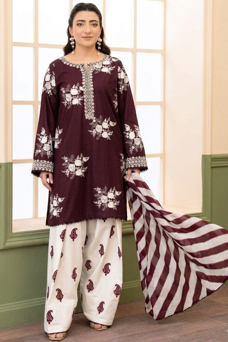 Zara Shahjahan bBurgundy Digital Printed Lawn Collection Replica