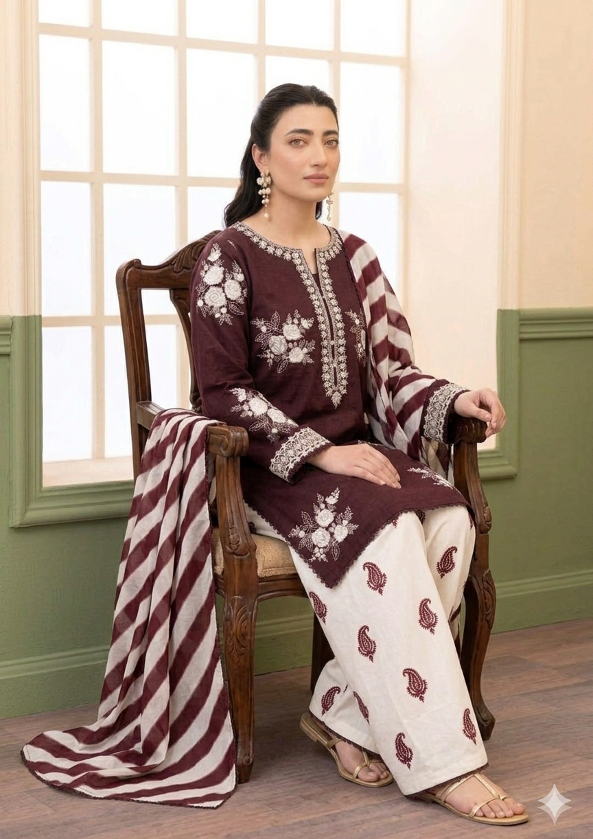 Zara Shahjahan bBurgundy Digital Printed Lawn Collection Replica - Image 3
