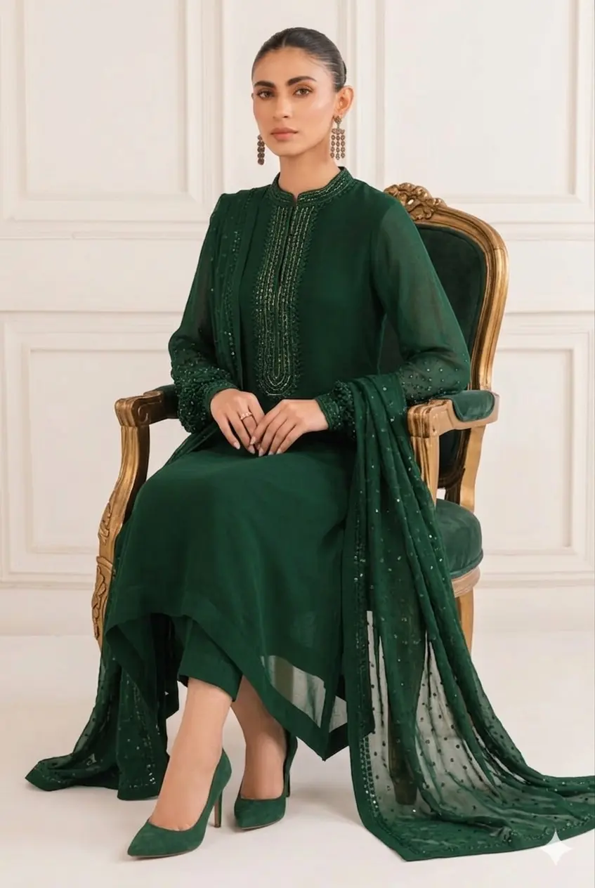 Baroque Bottle Green Chiffon Formal Collection Replica - Image 3