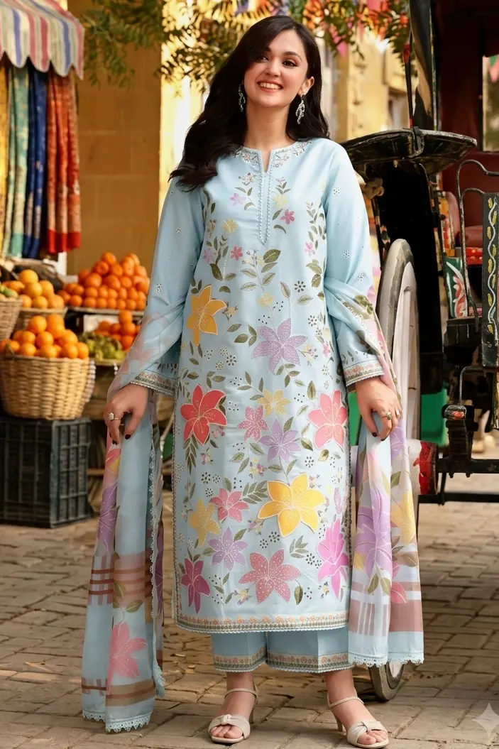 Aneela's Sky Blue Luxury Lawn Collection Replica