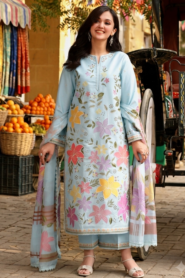 Aneela's Sky Blue Luxury Lawn Collection Replica