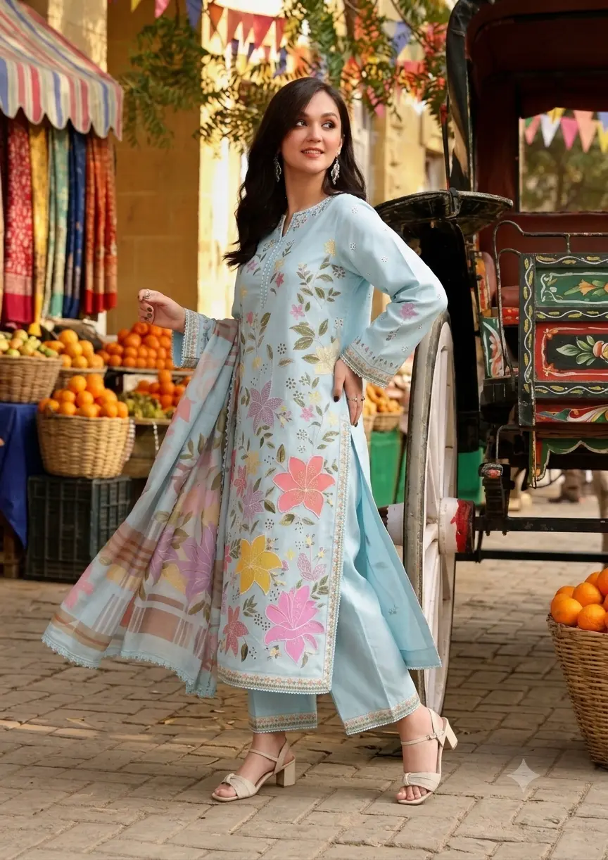 Aneela's Sky Blue Luxury Lawn Collection Replica - Image 2