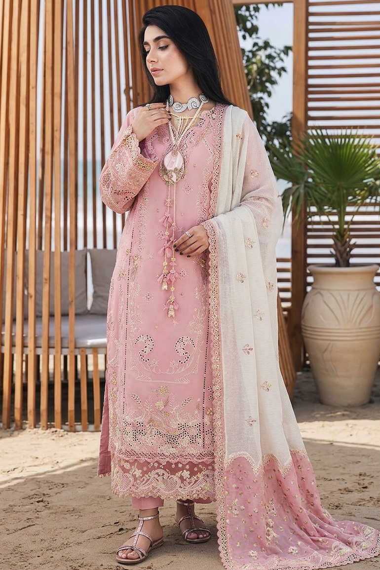 Qalamkar Pink Luxury Lawn Collection Replica