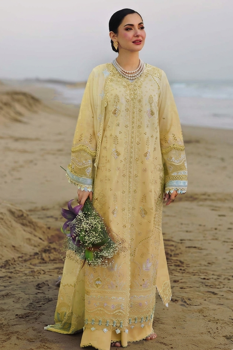 Qalamkar Lemon Yellow Luxury Lawn Collection Replica