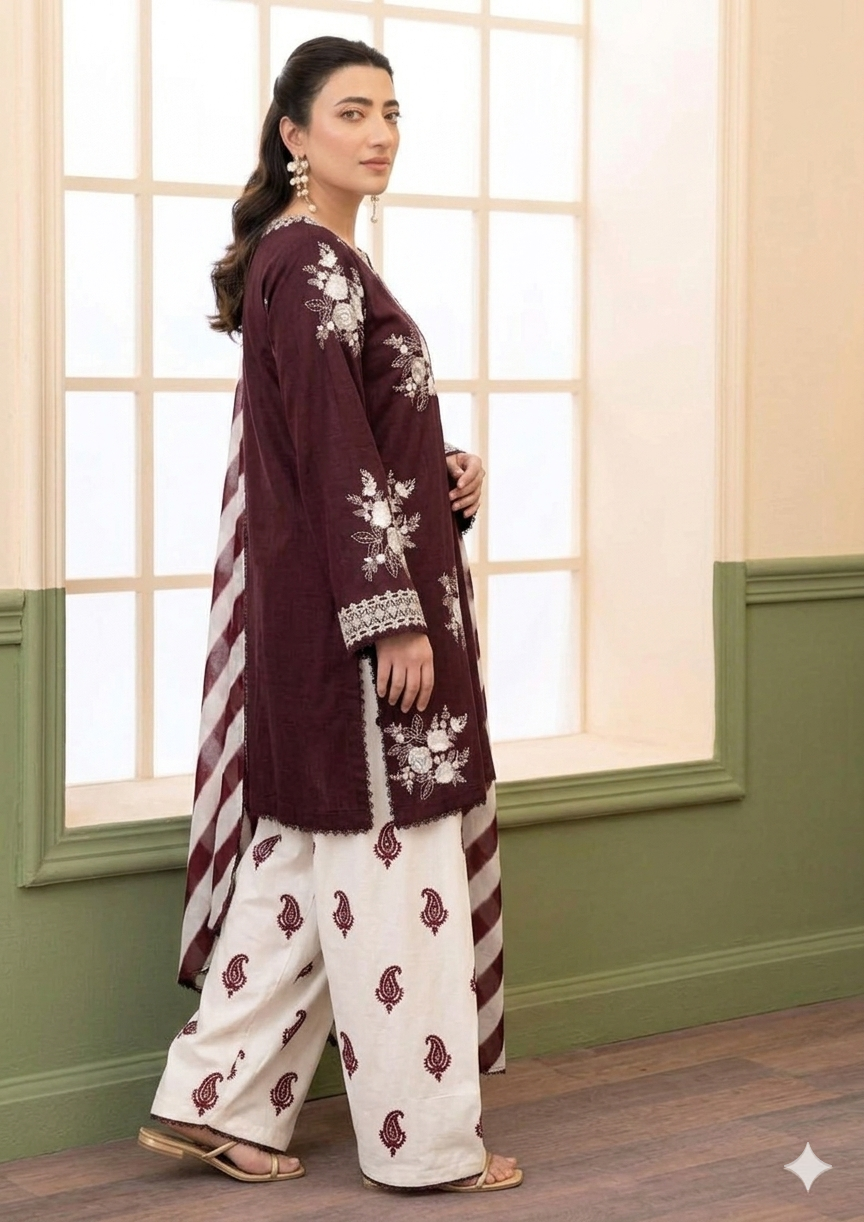 Alternative view of Zara Shahjahan bBurgundy Digital Printed Lawn Collection Replica