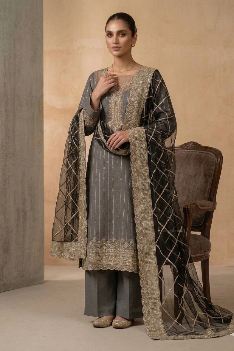 Shrenz Grey Luxury Lawn Collection Replica