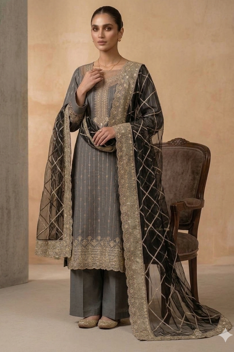 Shrenz Grey Luxury Lawn Collection Replica