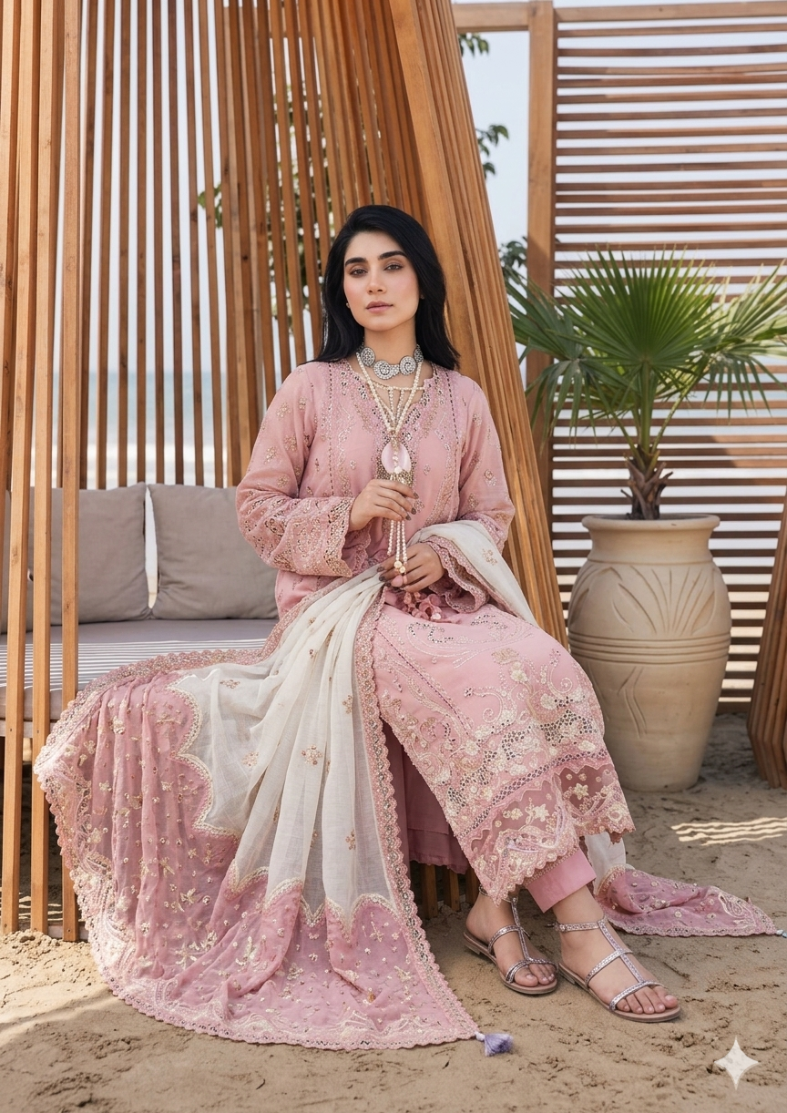 Alternative view of Qalamkar Pink Luxury Lawn Collection Replica
