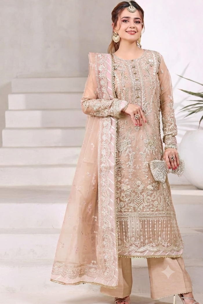 Aneela Peach Organza Formal Collection Replica