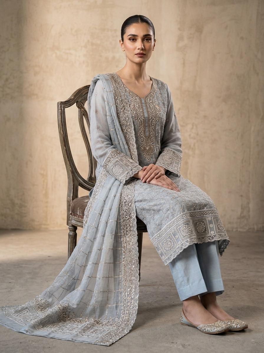 Alternative view of Shrenz Sky Blue Luxury Lawn Collection Replica