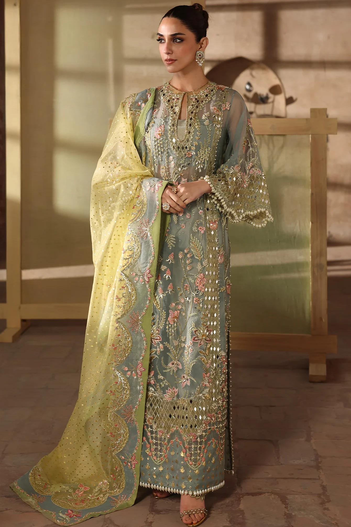 Crimson Greenish Grey Organza Formal Collection Replica