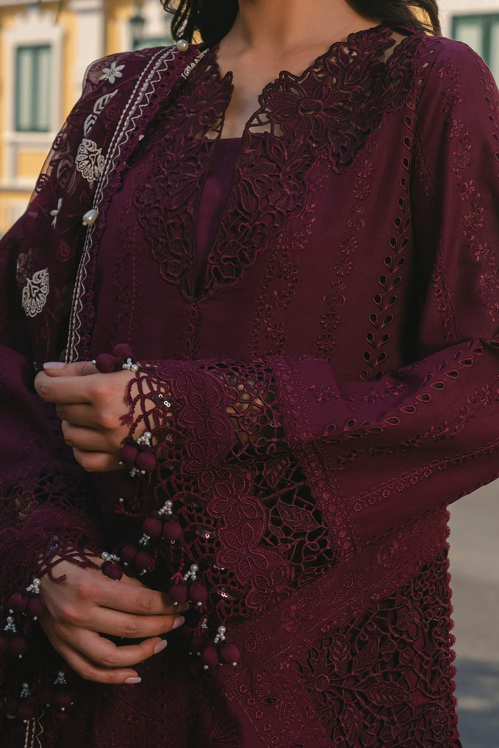 Afrozeh Maroon Luxury Lawn Collection Replica - Image 3
