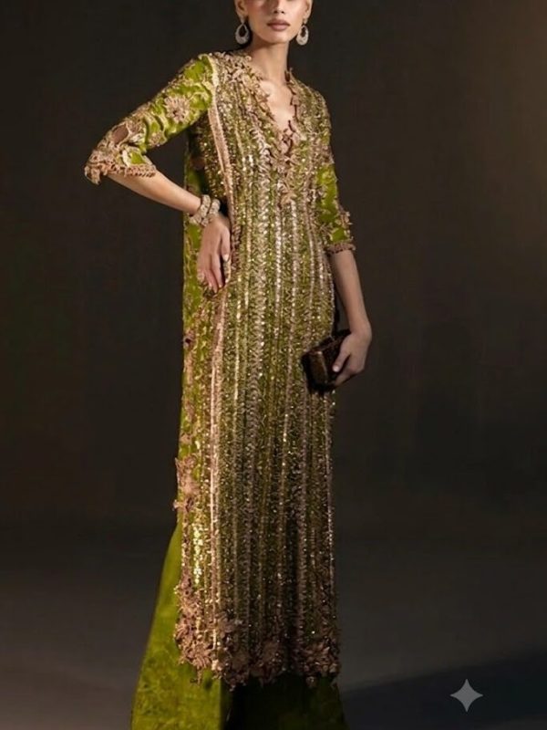 Sana Safinaz Parrot Green Formal Collection Indian Raw Silk Replica