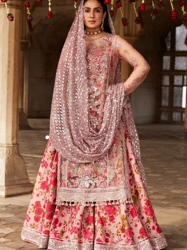Hussain Rehar Pink Soft Net Formal Collection Replica