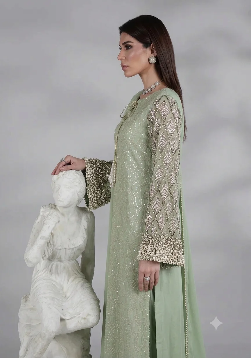 Alternative view of Amave Pistachio Chiffon Formal Collection Replica