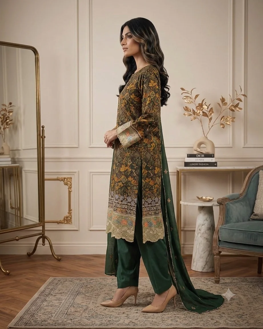 Shrenz Green Luxury Lawn Collection Replica - Image 3