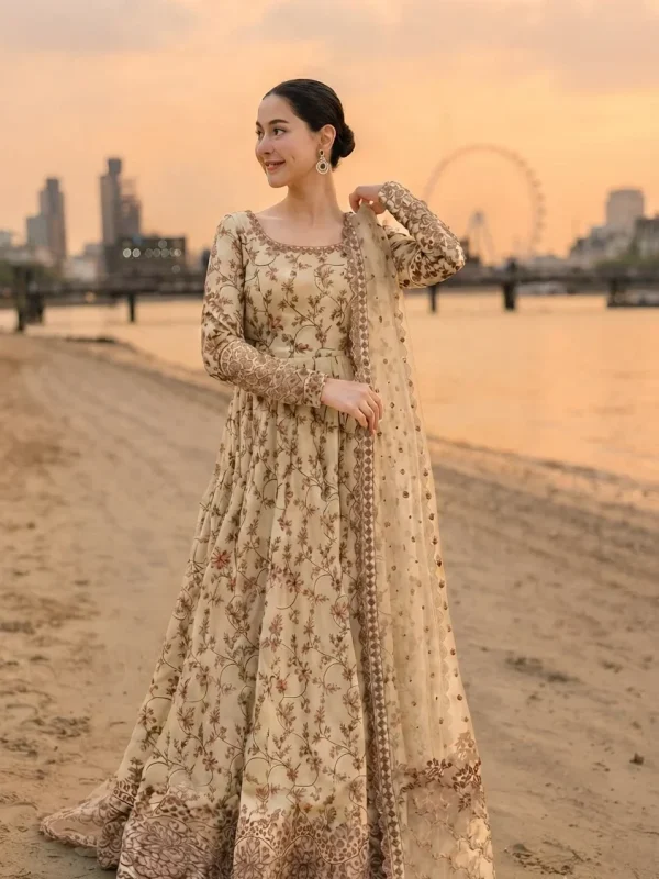 Faiza Saqlain Golden Luxury Lawn Collection Frock Replica