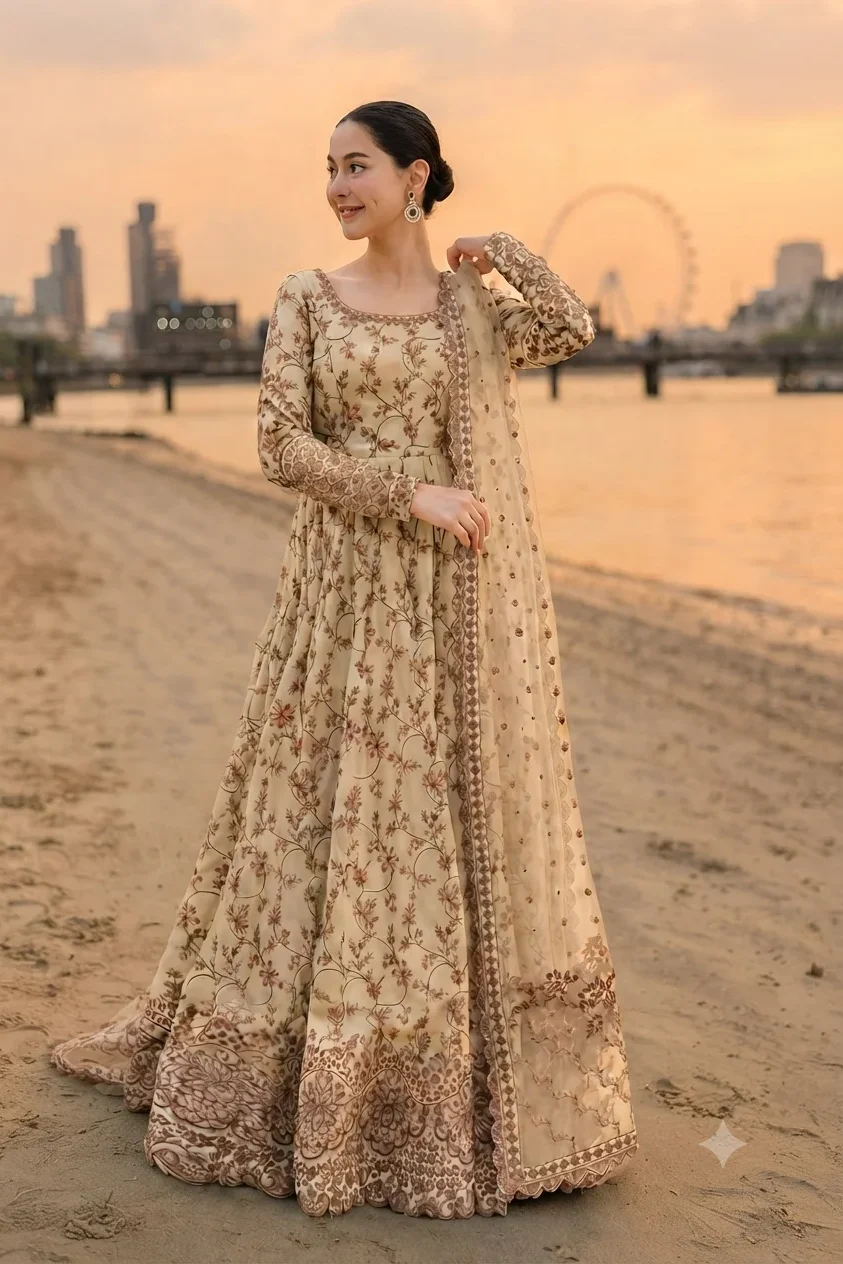Faiza Saqlain Golden Luxury Lawn Collection Frock Replica