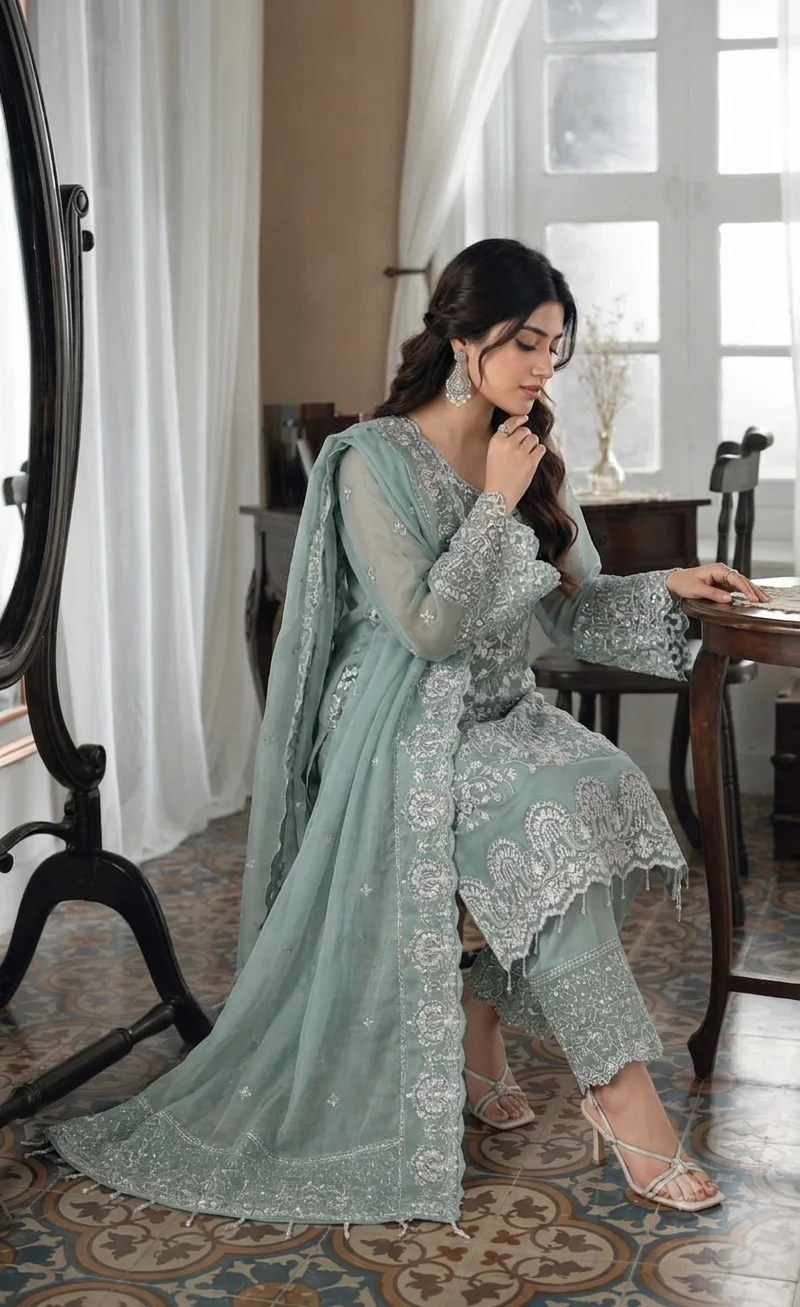 Alternative view of Asim Jofa Seagreen Silk Formal Collection Replica