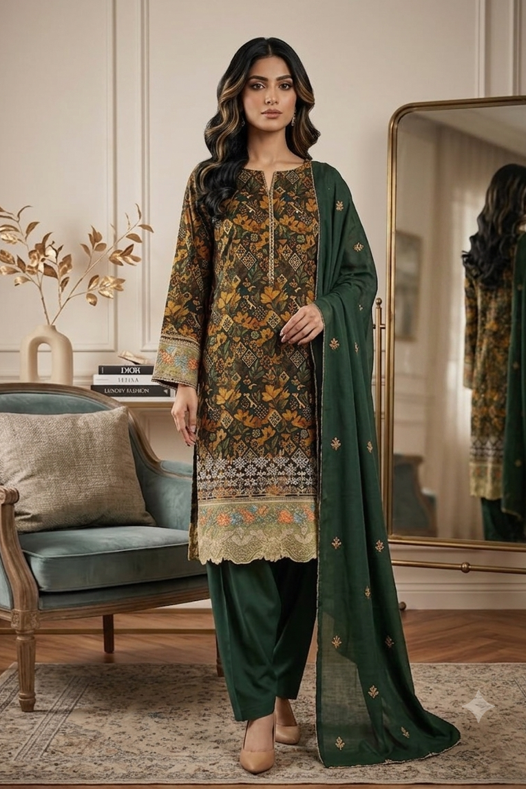 Shrenz Green Luxury Lawn Collection Replica