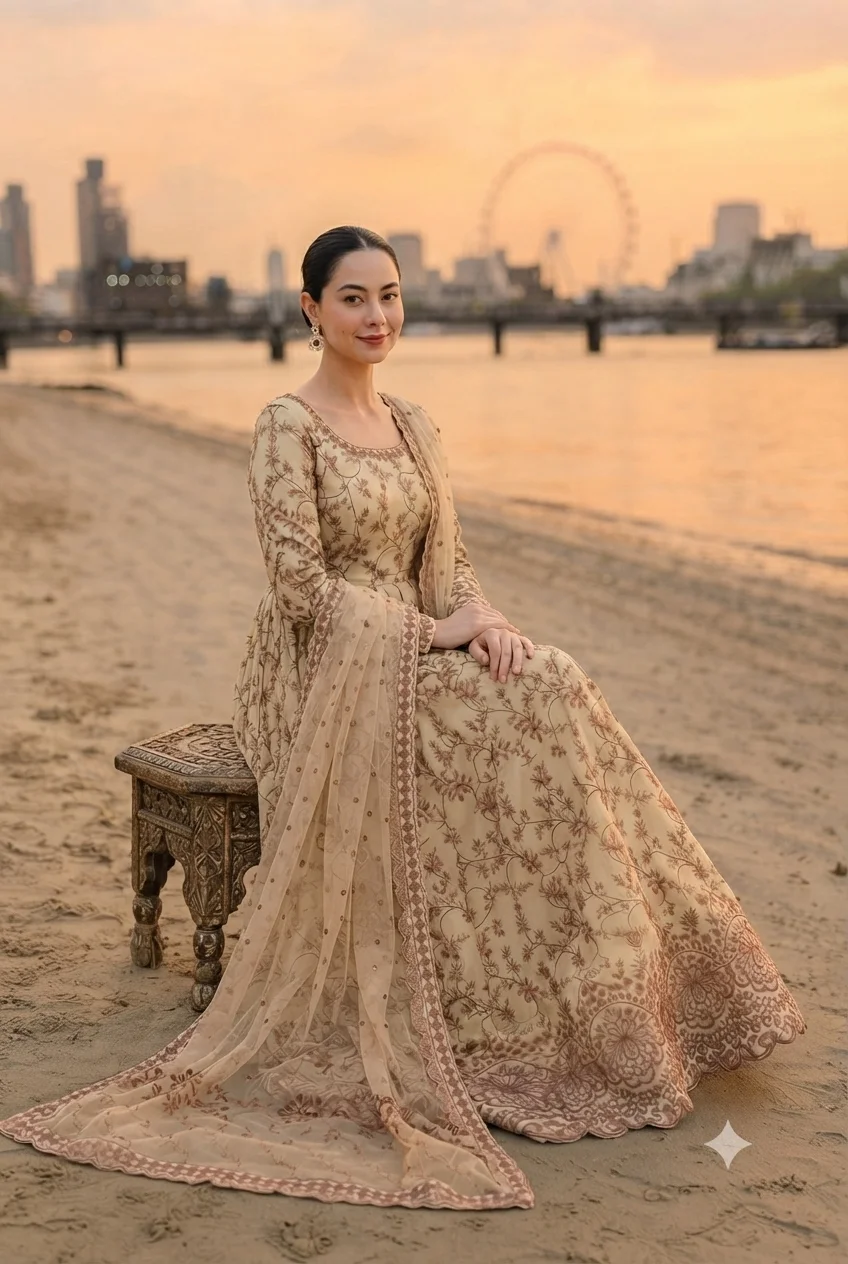 Faiza Saqlain Golden Luxury Lawn Collection Frock Replica - Image 3