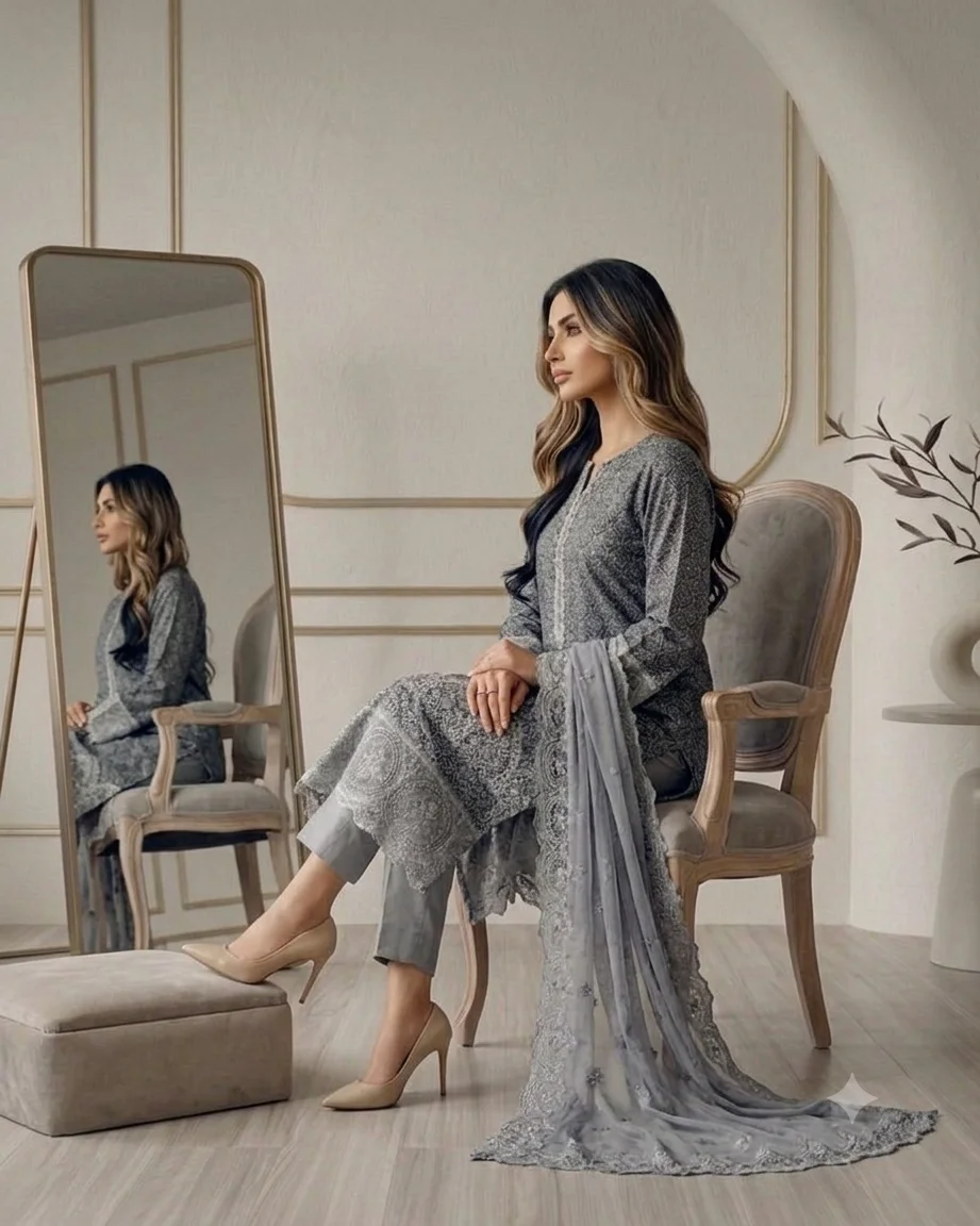 Shrenz Grey Luxury Lawn Collection Replica - Image 3