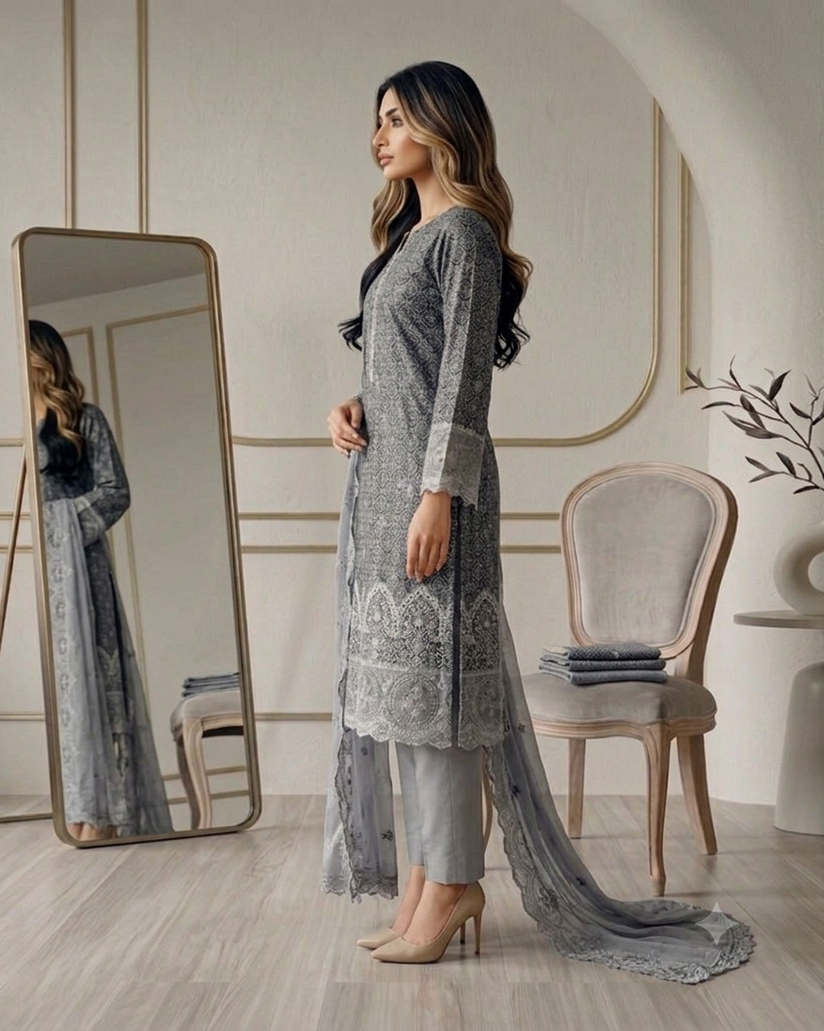Alternative view of Shrenz Grey Luxury Lawn Collection Replica