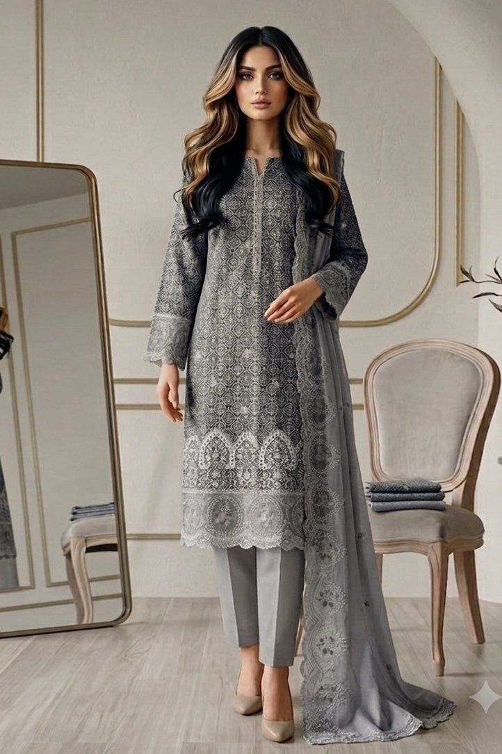 Shrenz Grey Luxury Lawn Collection Replica