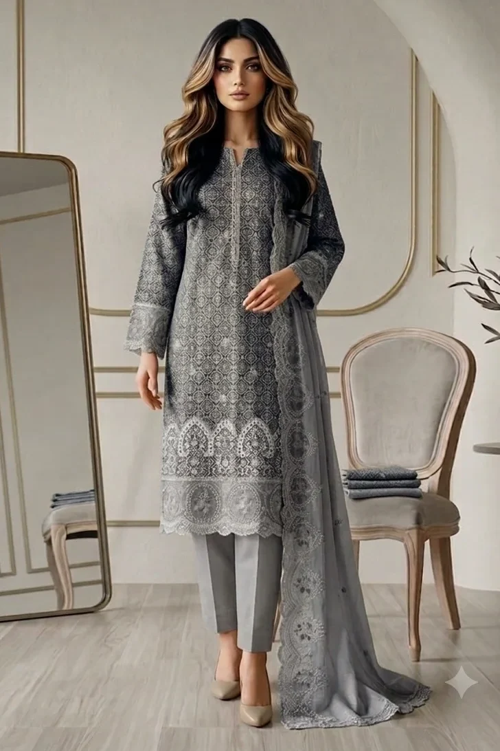 Shrenz Grey Luxury Lawn Collection Replica