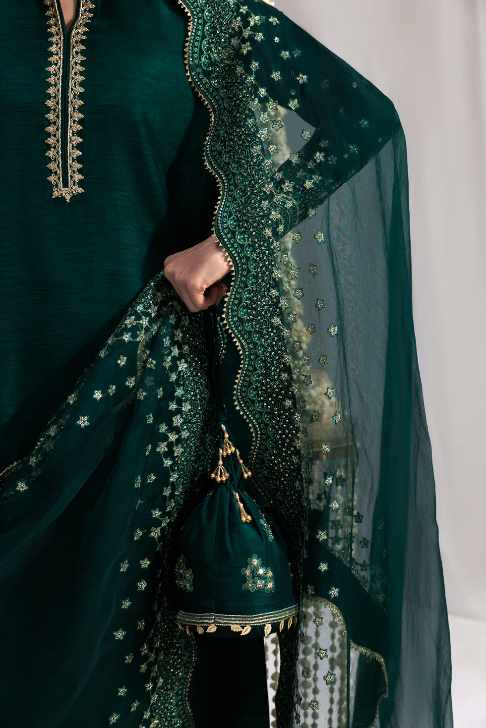 Zaib Bottle Green Raw Silk Formal Collection Replica - Image 4