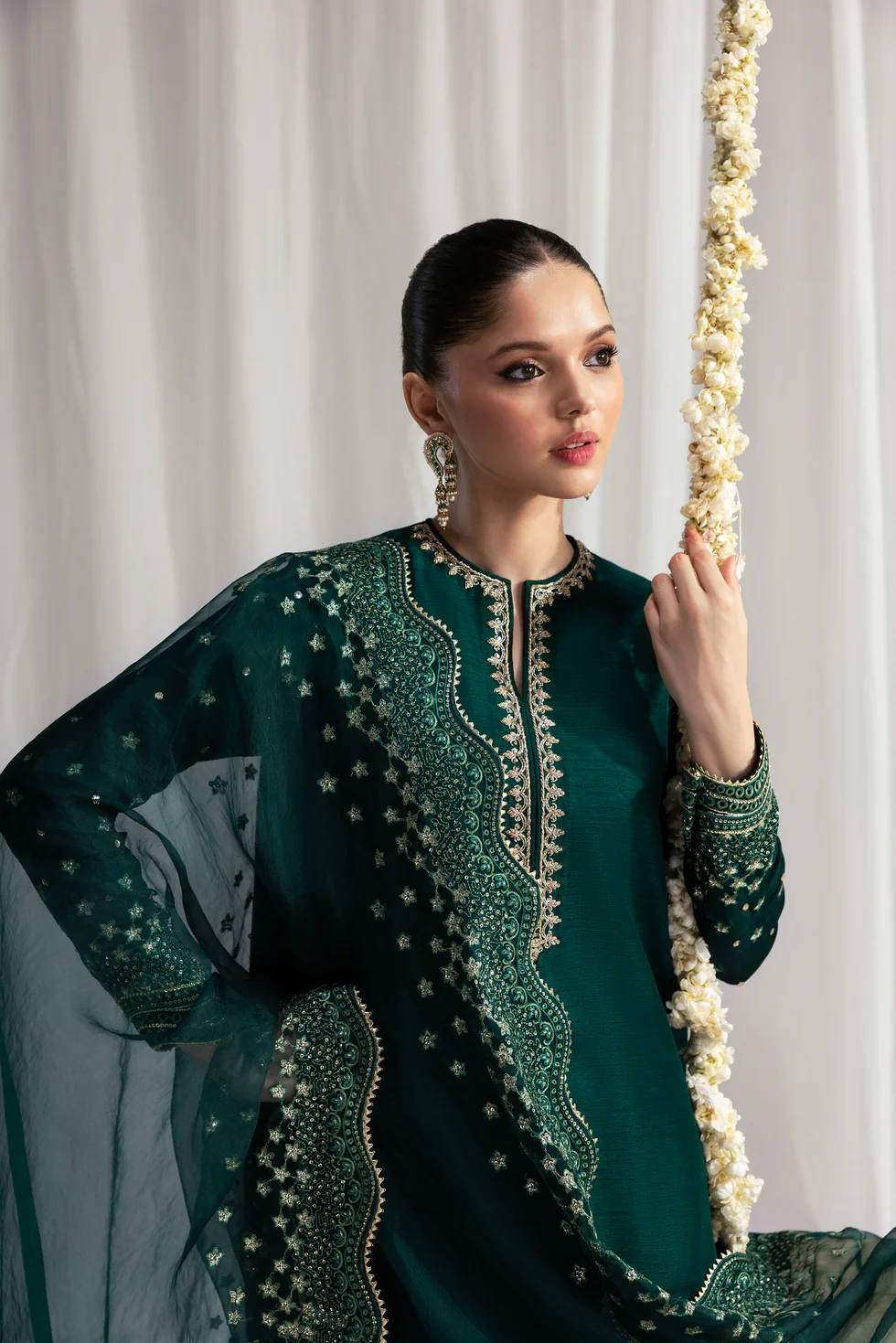Zaib Bottle Green Raw Silk Formal Collection Replica - Image 3
