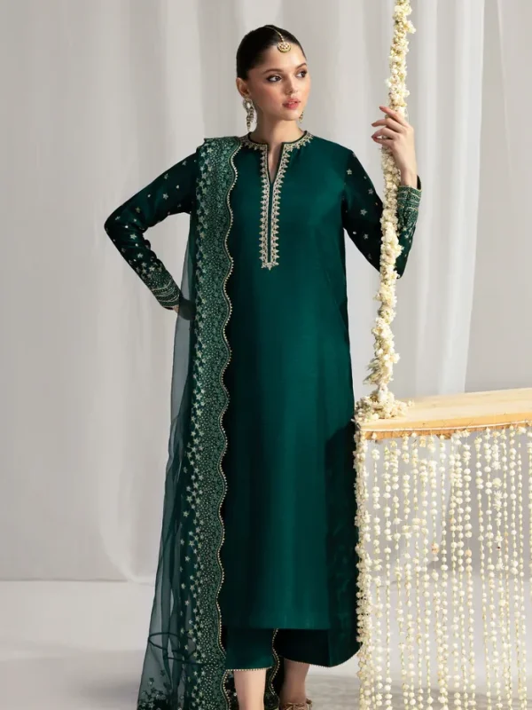 Zaib Bottle Green Raw Silk Formal Collection Replica