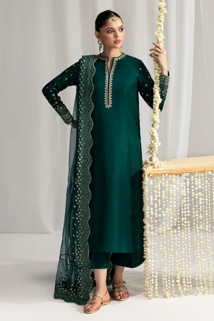 Zaib Bottle Green Raw Silk Formal Collection Replica