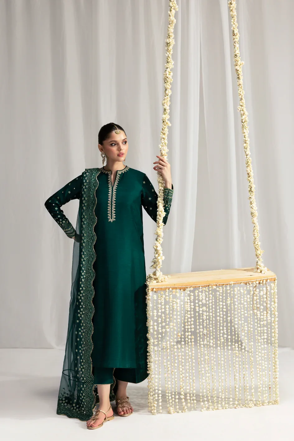 Zaib Bottle Green Raw Silk Formal Collection Replica
