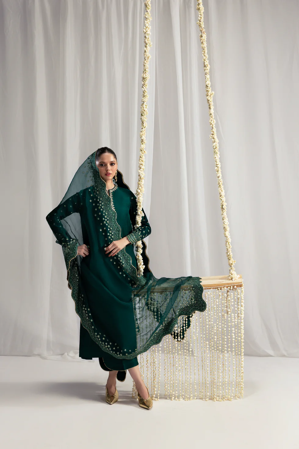 Alternative view of Zaib Bottle Green Raw Silk Formal Collection Replica