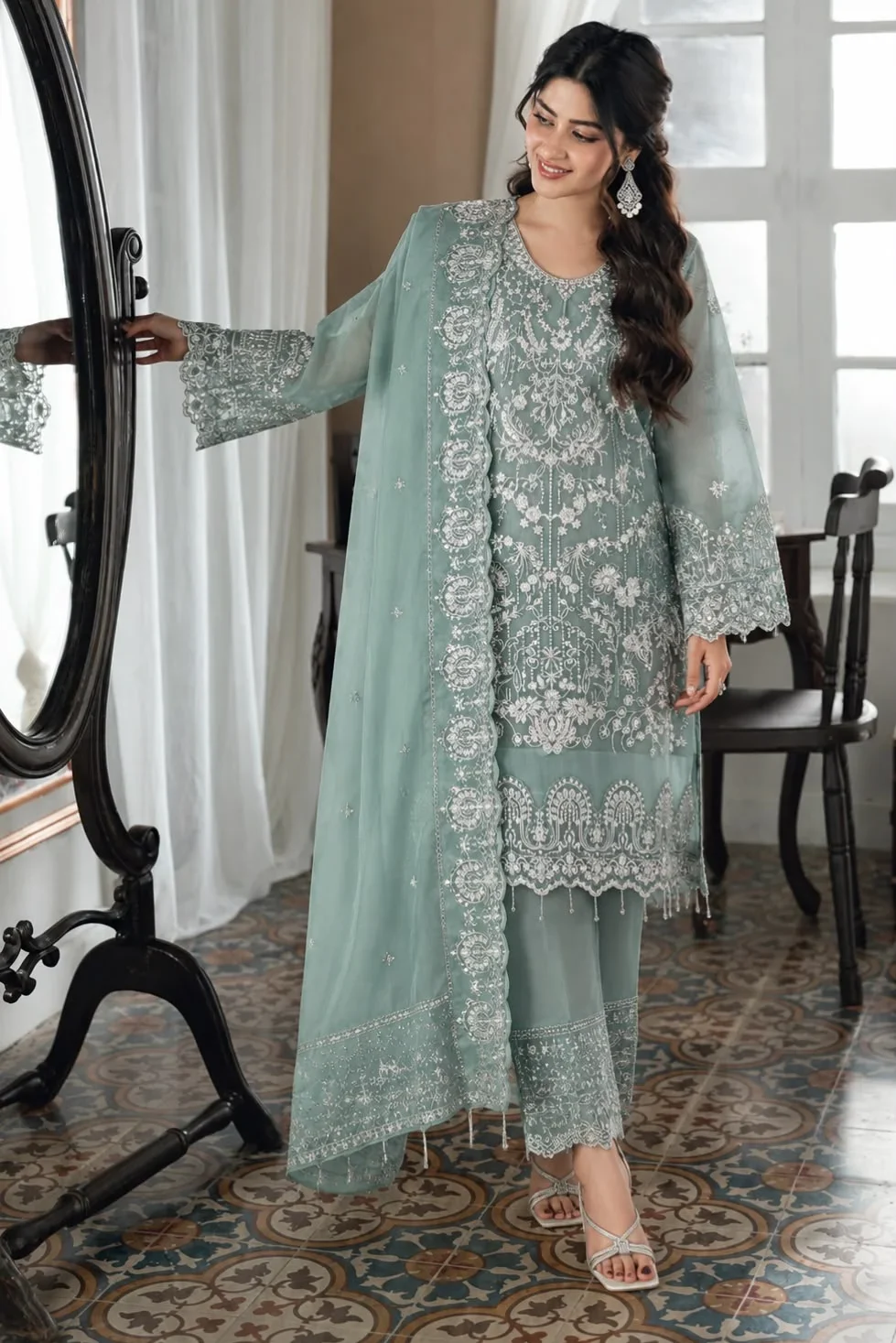 Asim Jofa Seagreen Silk Formal Collection Replica
