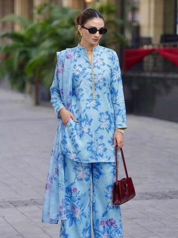 Shrenz Sky Blue Swiss Lawn Collection Replica