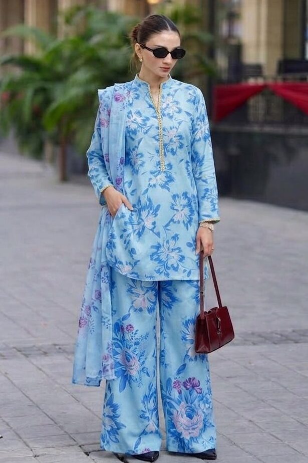 Shrenz Sky Blue Swiss Lawn Collection Replica