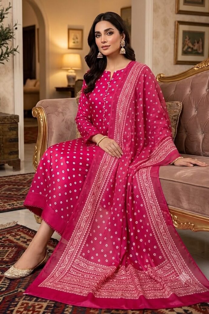 Shrenz Shocking Pink Tie-N-Die Silk Adda Collection Replica