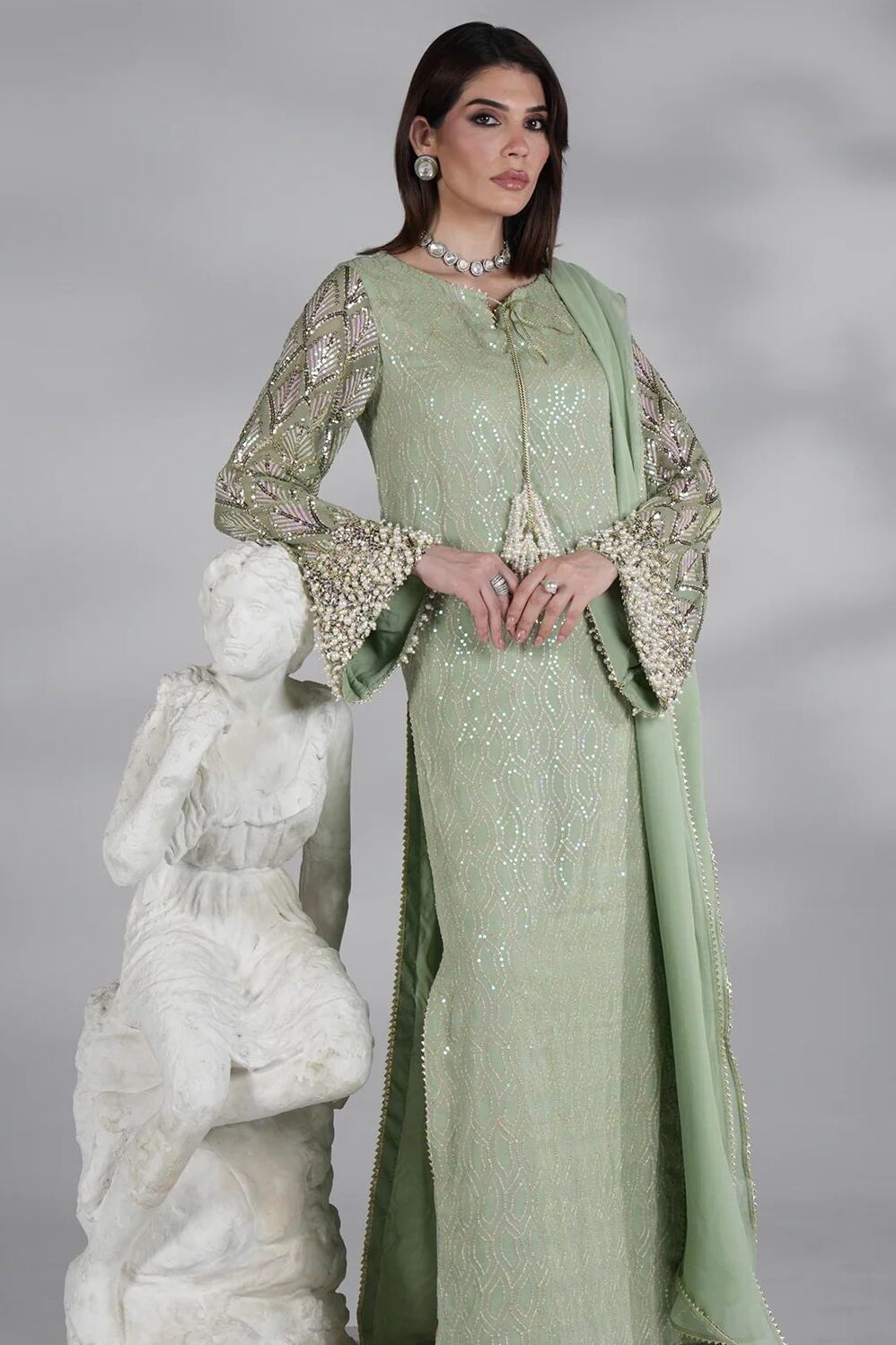 Amave Pistachio Chiffon Formal Collection Replica
