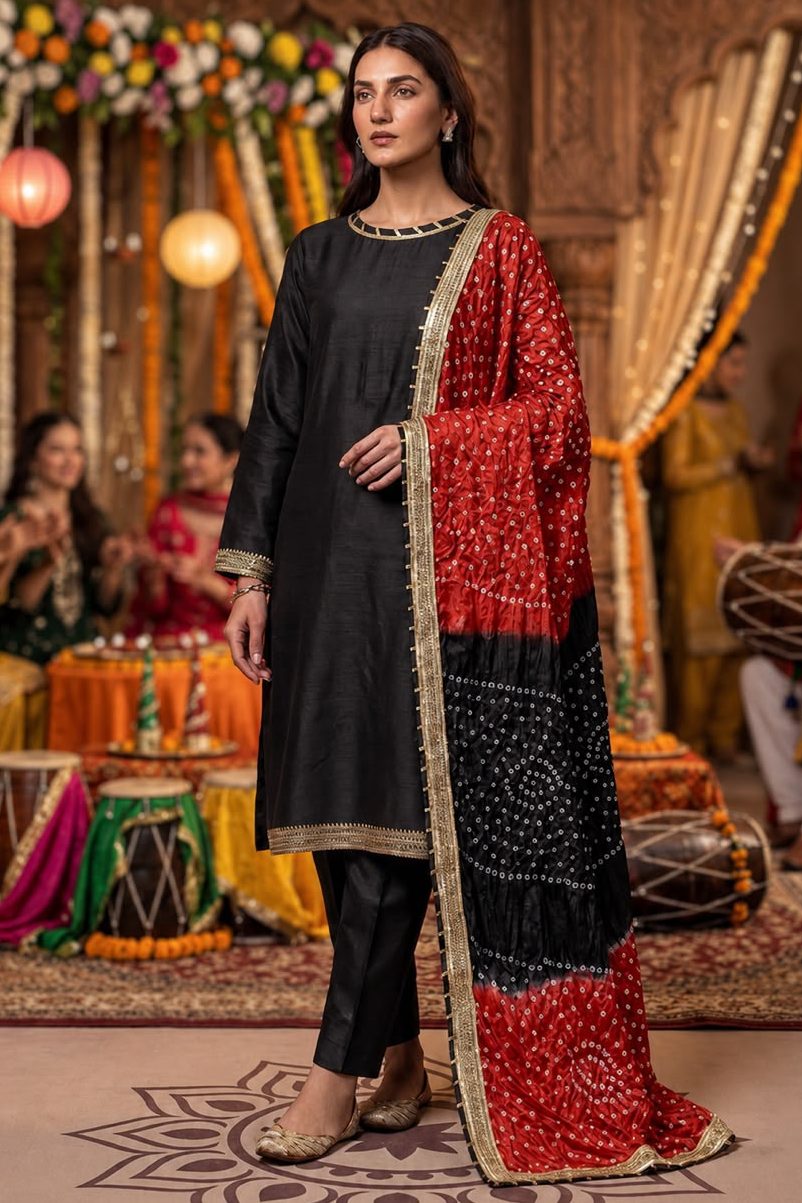 Black Silk Adda With Chunri Dupatta Collection By Shrenz