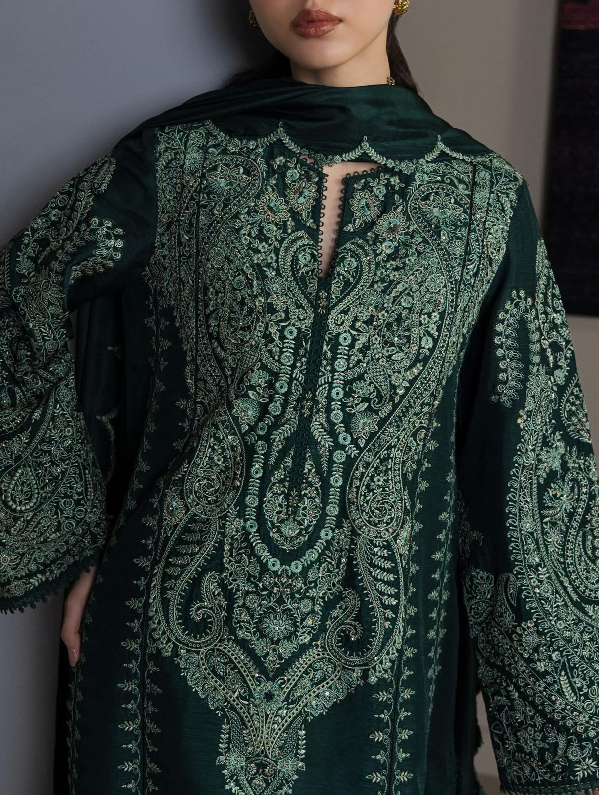 Zara Shahjahan Bottle Green Luxury Lawn Collection Replica - Image 4