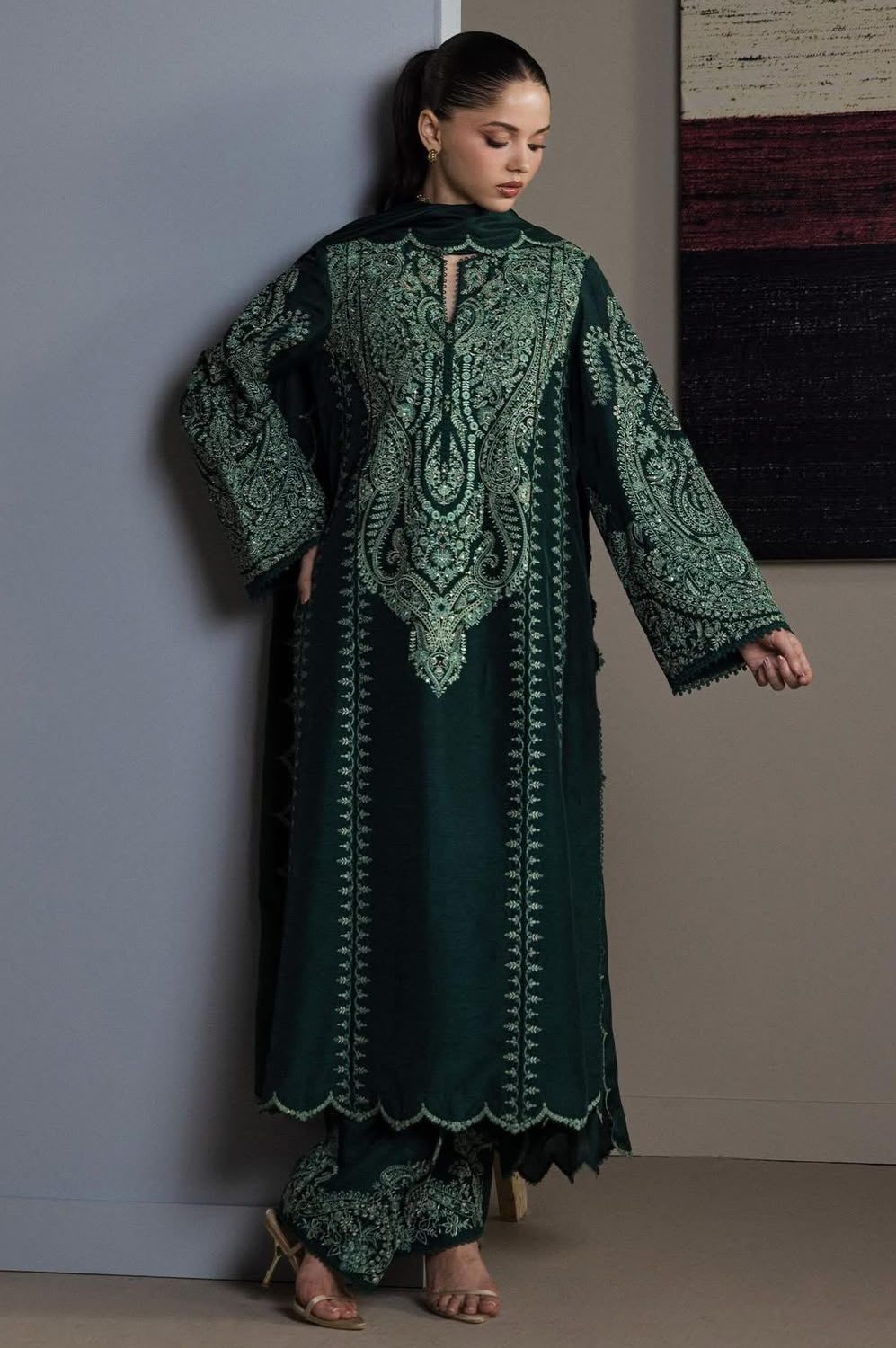 Zara Shahjahan Bottle Green Luxury Lawn Collection Replica