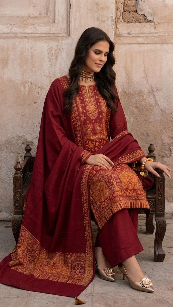 Shrenz Maroon Luxury Pashmina Collection Replica - Image 3