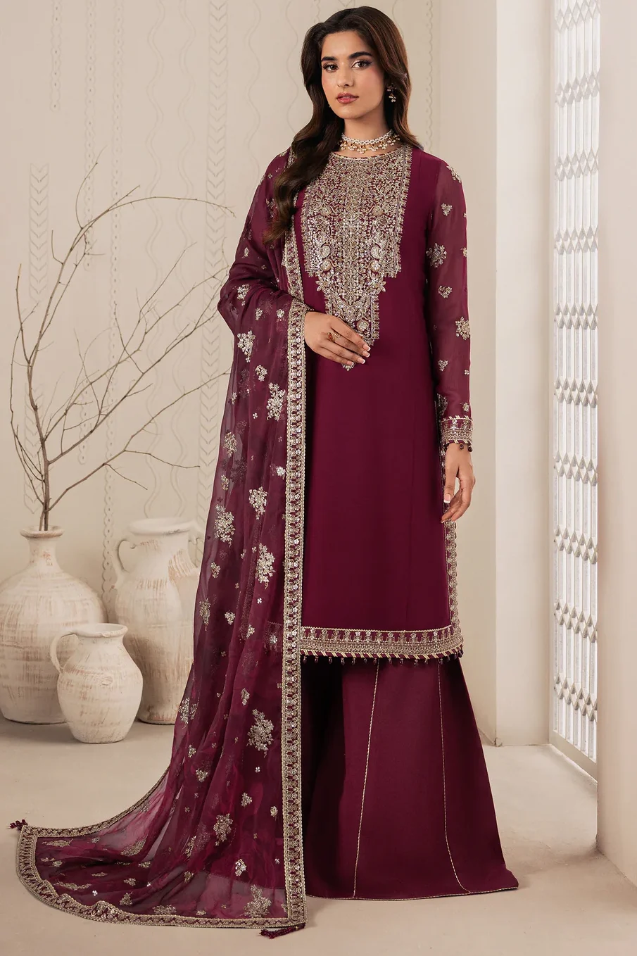 Zarif Maroon Chiffon Formal Collection Replica