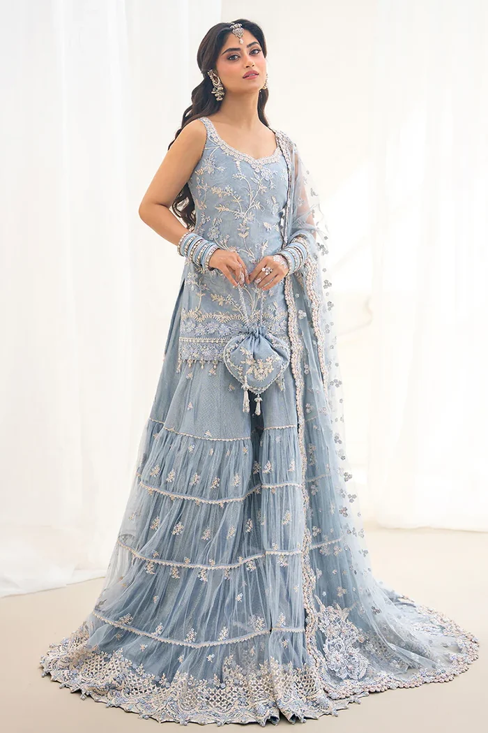 Faiza Saqlain Ice Blue Net Bridal Collection Replica