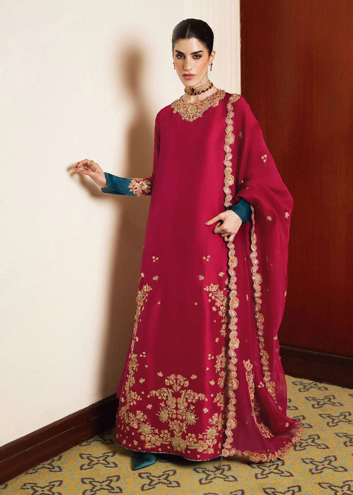 Hussain Rehar Shocking Pink Raw Silk Formal Collection Replica