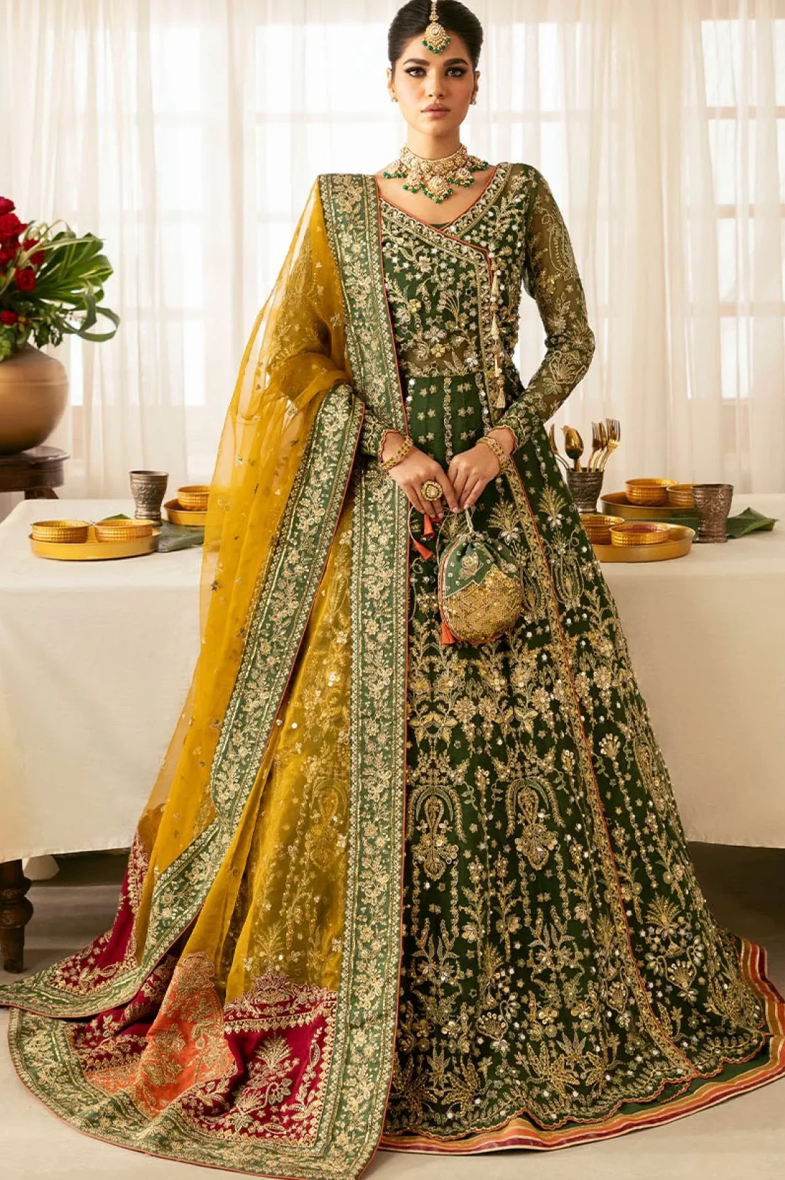 Gulaal Bottle Green Net Bridal Collection Replica